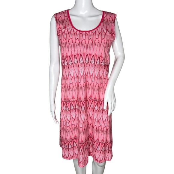 Prana Dress Women Medium Pink Feather Print Fit & Flare Open Back Casual Outdoor - Picture 1 of 10